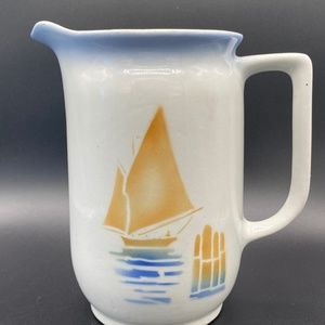 VTG '30s Ceramic Jug; grey,blue,gold with sailboat by Arabia of Finland RARE